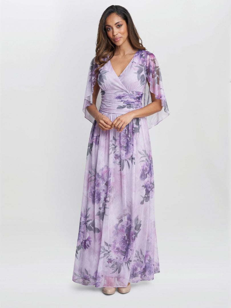 Caroline Printed Maxi Dress With Overlay Sleeves