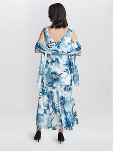 Angelica Midi Length Cowl Neck Printed Dress And Shawl