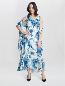 Angelica Midi Length Cowl Neck Printed Dress And Shawl