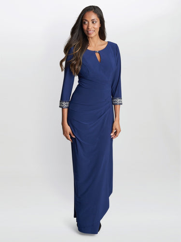 Akia Long Jersey A-Line Dress with Keyhole Cutout Neckline & Embellishment Detail